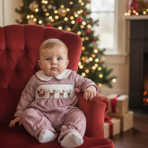 Shrimp And Grits Kids Other - Shrimp and Grits Smocked Christmas Romper Santa 3 Months handmade cross stitch